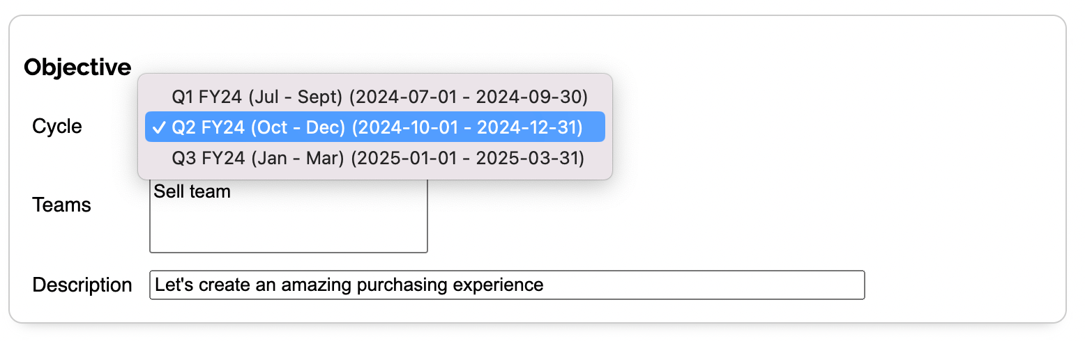 Picture of editing an OKR to set the Cycle