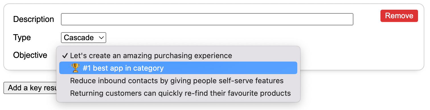 Picture of cascade Key Result type showing child Objective selector