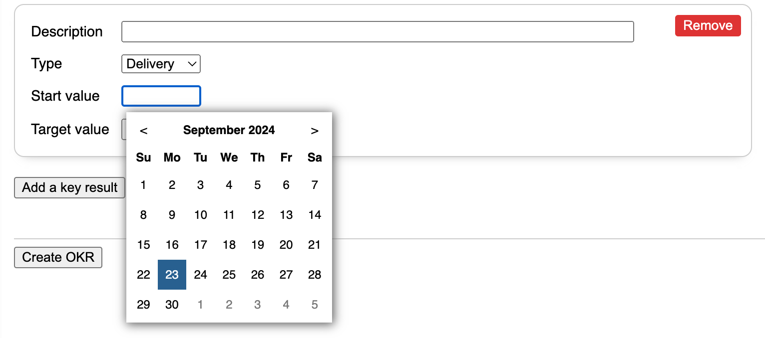 Picture of delivery Key Result type showing date calendar