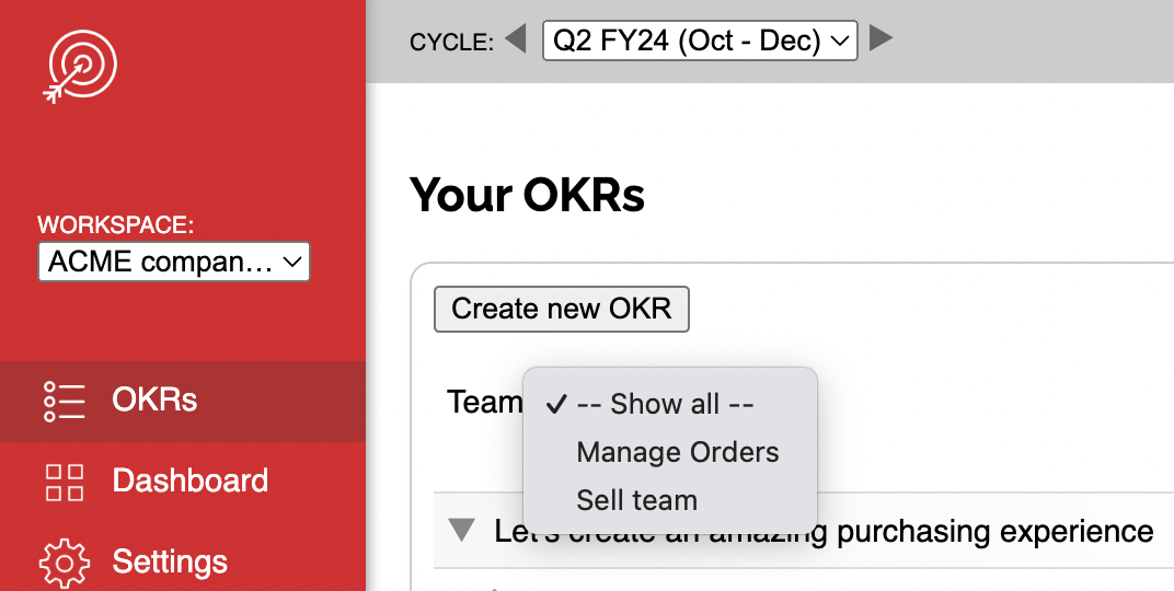 Picture of Team filter on OKRs list screen