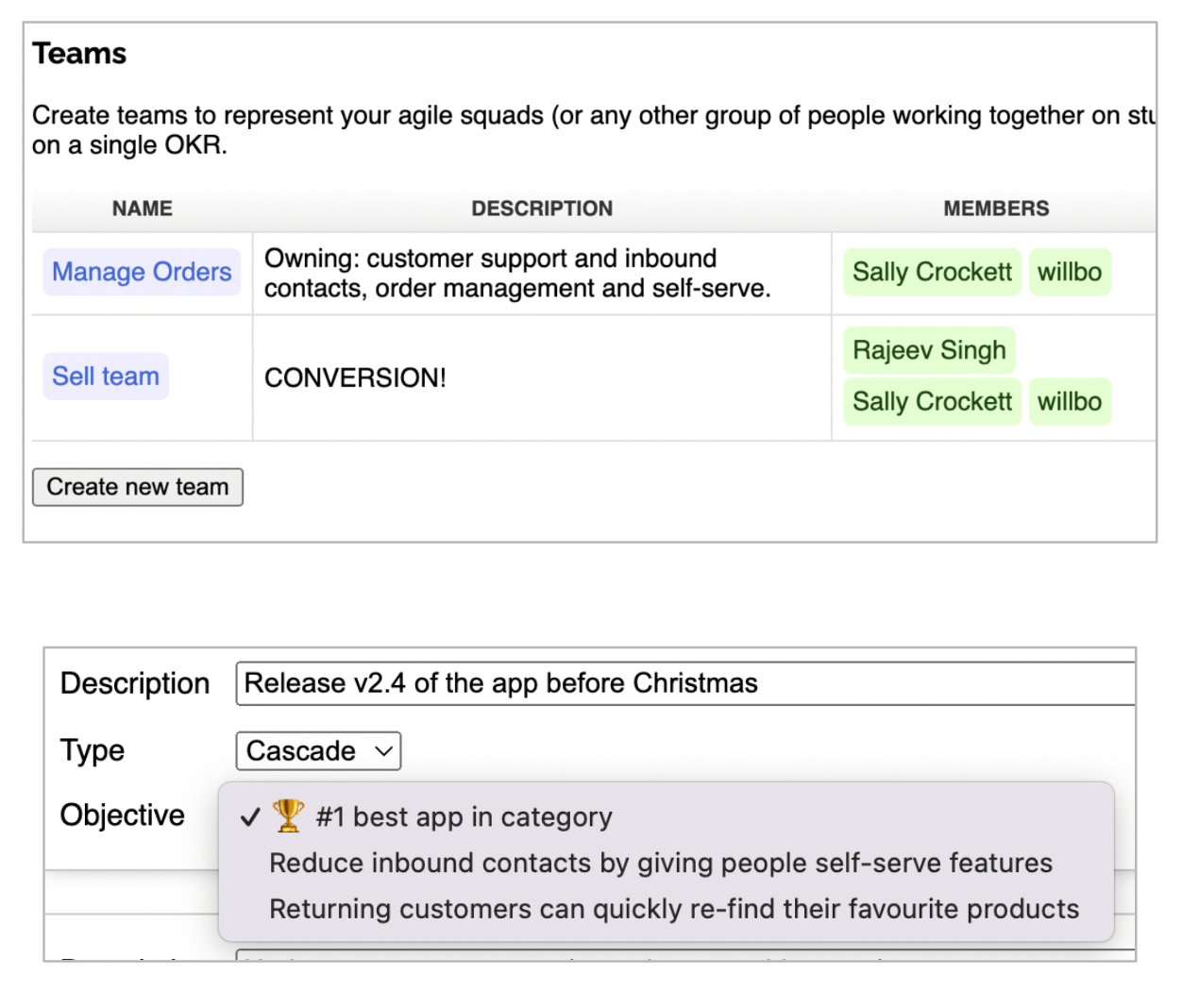 Support your team's OKR planning process with cascading objectives